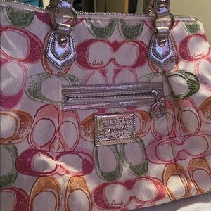 Coach Multicolor Pink, Orange & Green Signature Tote with Metallic Trim
